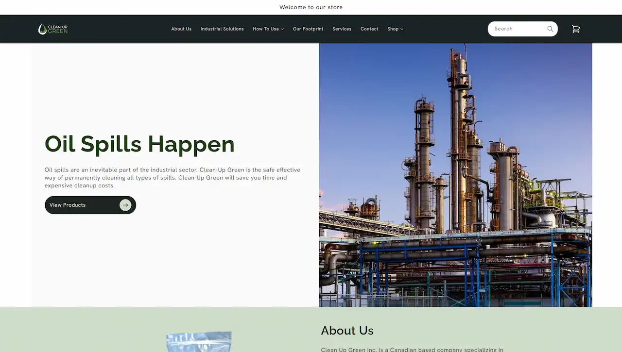 A website landing page of an oil spill cleaning company.
